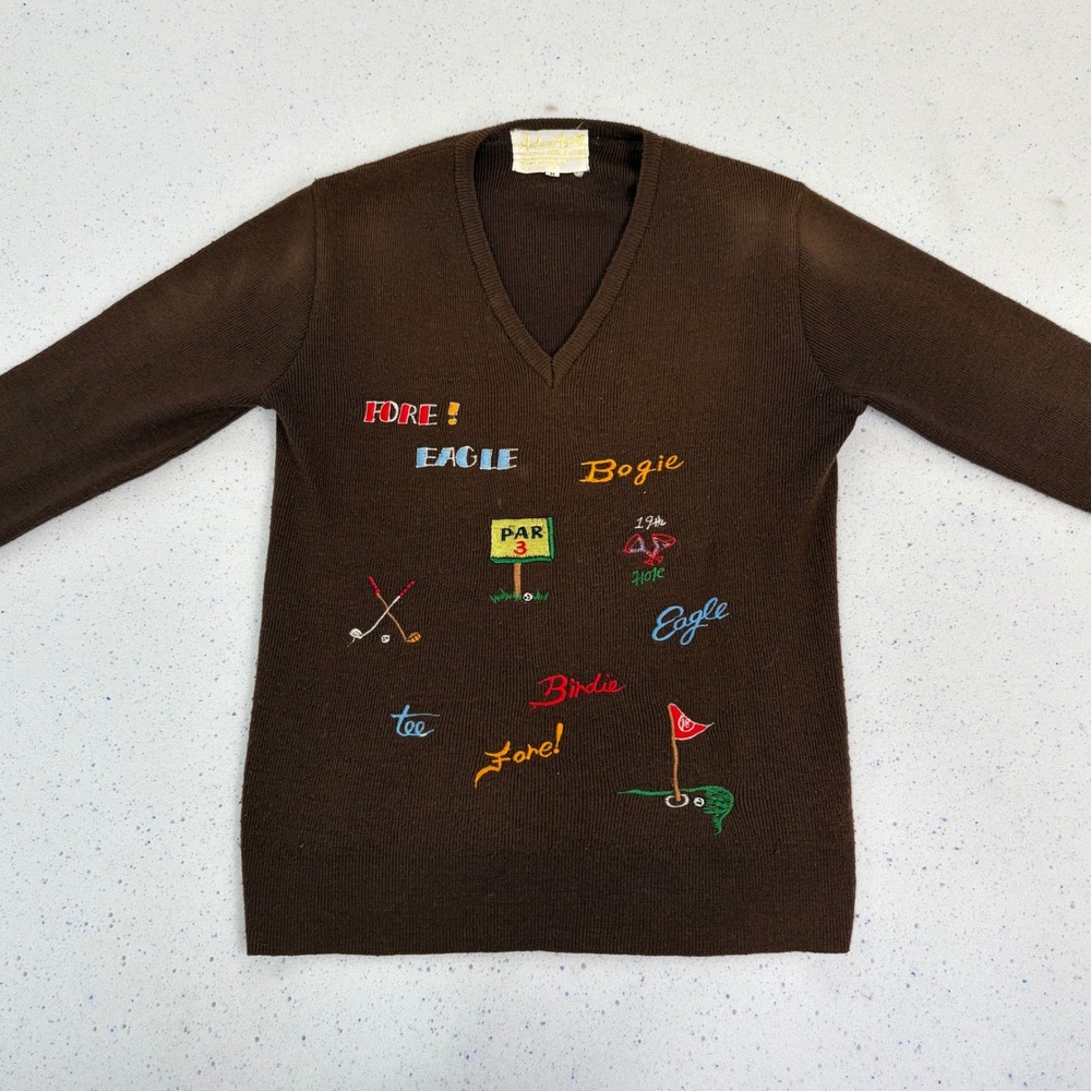 Andreno Argenti Women's V Neck Golf Embroidered‎ Brown Sweater Size M 90's Retro